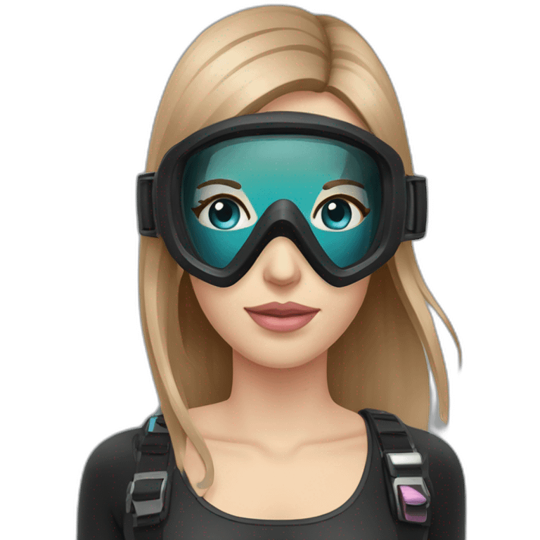 woman large light brown and straight hair, black and pink diving mask with a single crystal, light blue eyes, scubadiving gear emoji