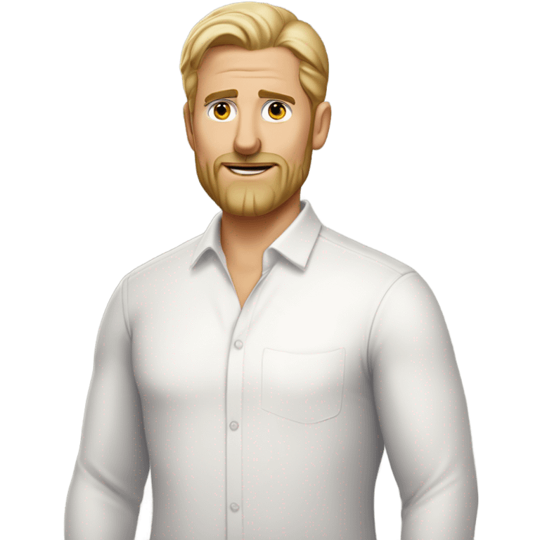 middle aged english man, short slicked back hair blonde, blonde medium length size full beard, eyesbrows not raised, in a smart white unbuttoned shirt. emoji