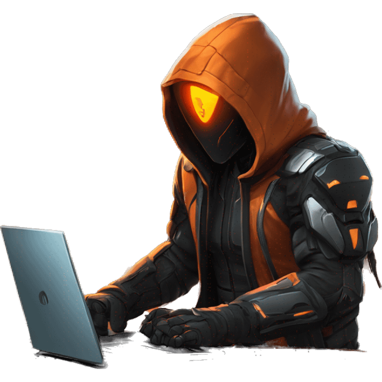 Side view developer behind his laptop with this style : crysis Cyberpunk Valorant orange glowing bright orange character orange black hooded assassin themed character emoji