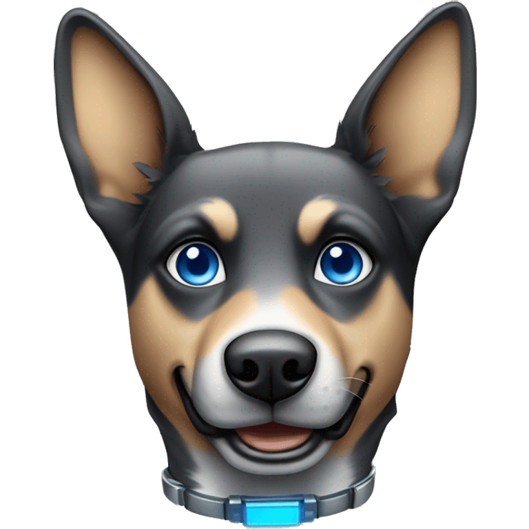 Robotic dog with blue eyes that’s in the color scheme of light and dark grey and has German shepherd like ears emoji