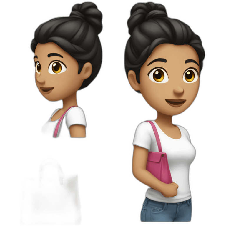 Black hair, white woman, ponytail, holding bags emoji