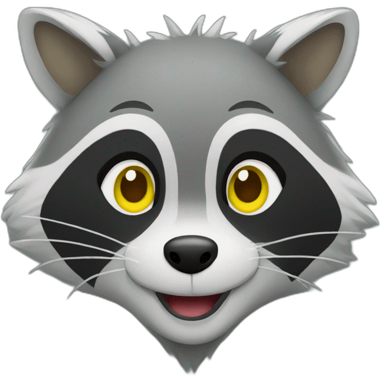 gray raccoon with yellow eyes and a green hood that smiles emoji