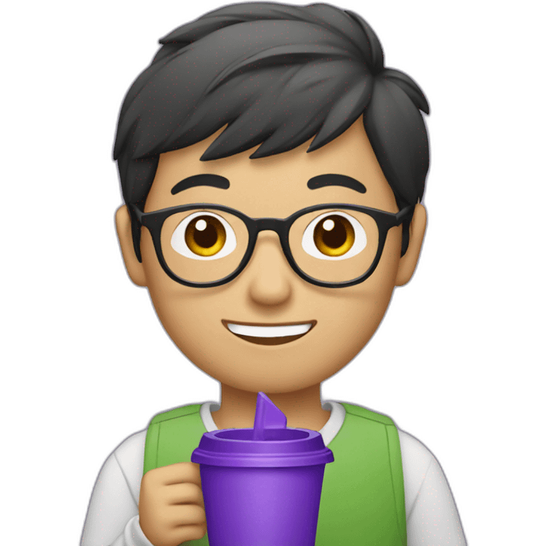 asian boy in specs with a purple cup emoji