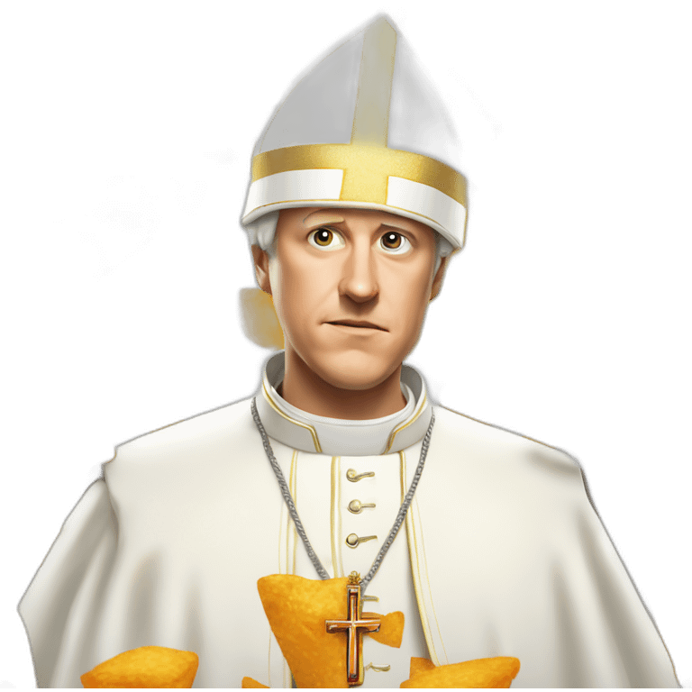 Geoff keighley wearing a pope hat that is also a Dorito fighting angry Joe emoji