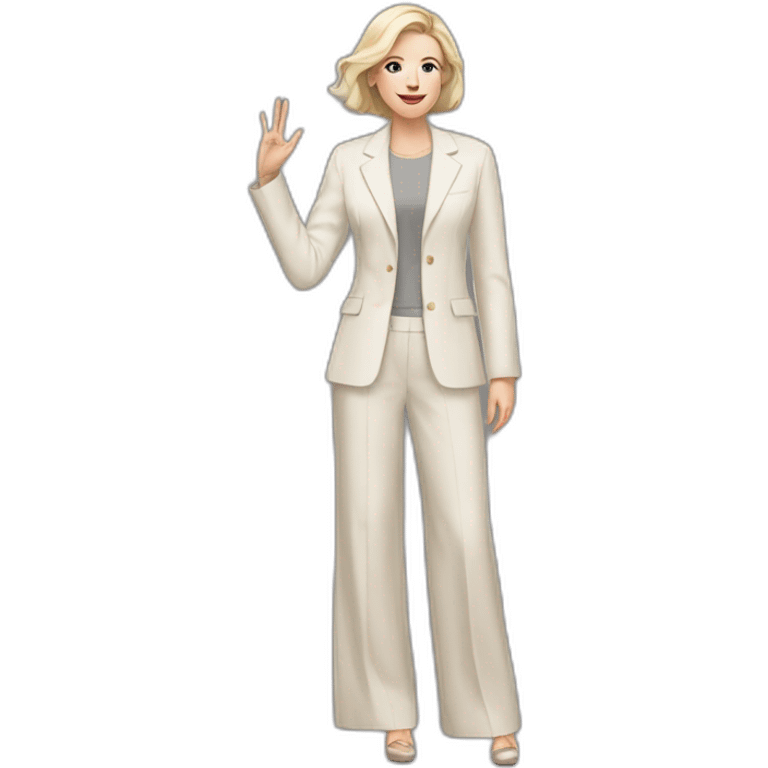 Full height Actively gesturing with hands pale skin woman with ash blonde Straightened bob Hair, White Spacious classical jacket, beige palazzo Arrow pants and gray blouse emoji