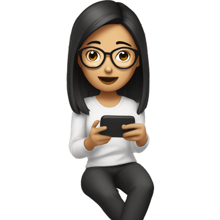 Asian girl with glasses on her phone sitting on a bed emoji