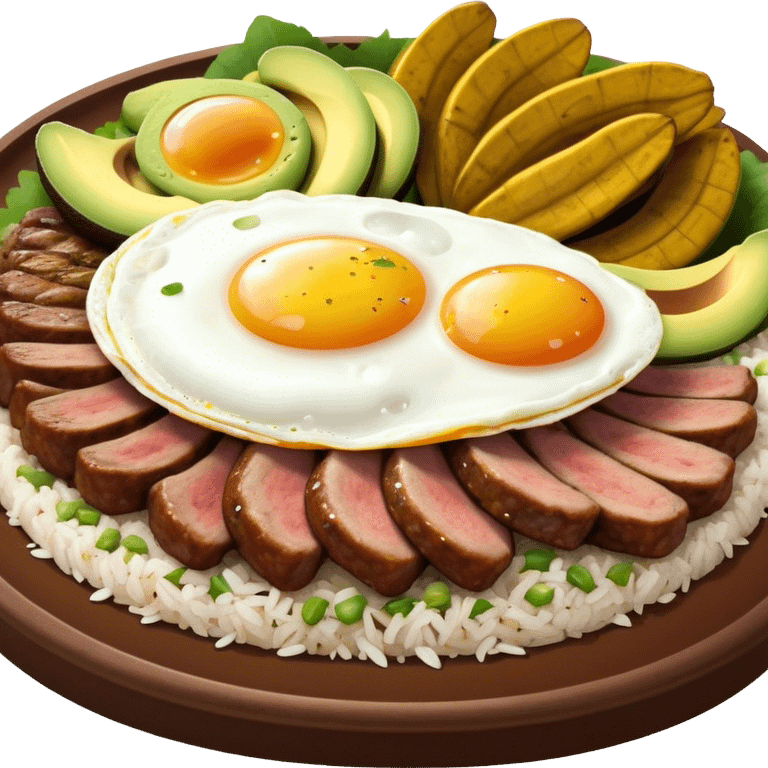 Cinematic Realistic Bandeja Paisa Dish Emoji, depicted as a hearty platter featuring beans, rice, meat, and plantains rendered with detailed textures and vibrant, robust lighting. emoji