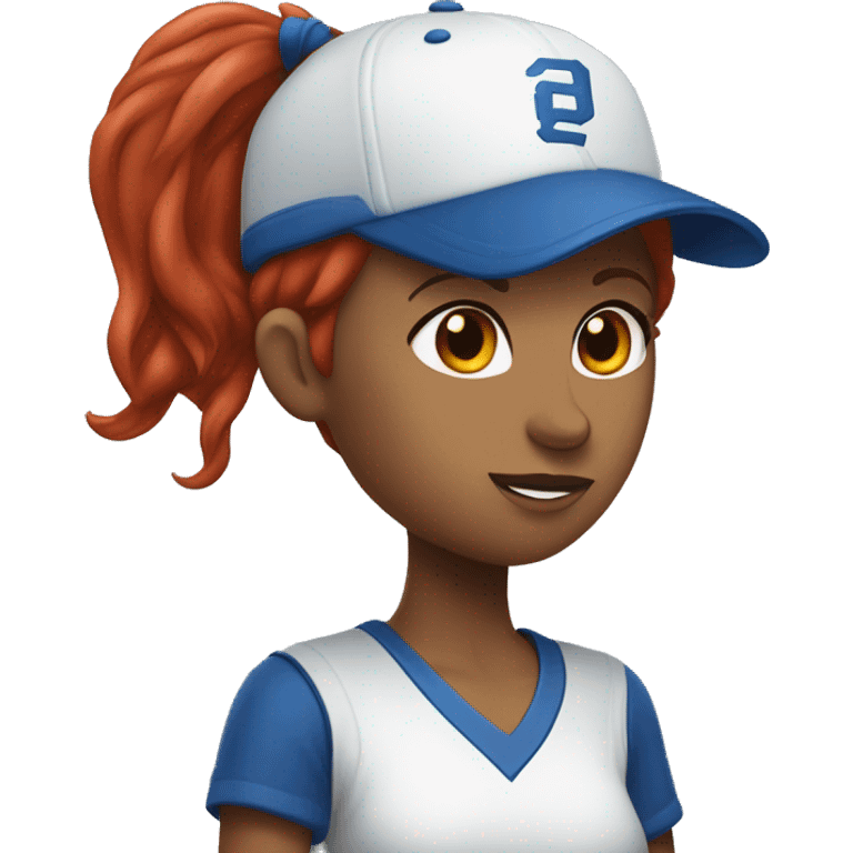 front facing, standing female coach with long red hair, wearing a white t-shirt and a simple blue baseball hat emoji