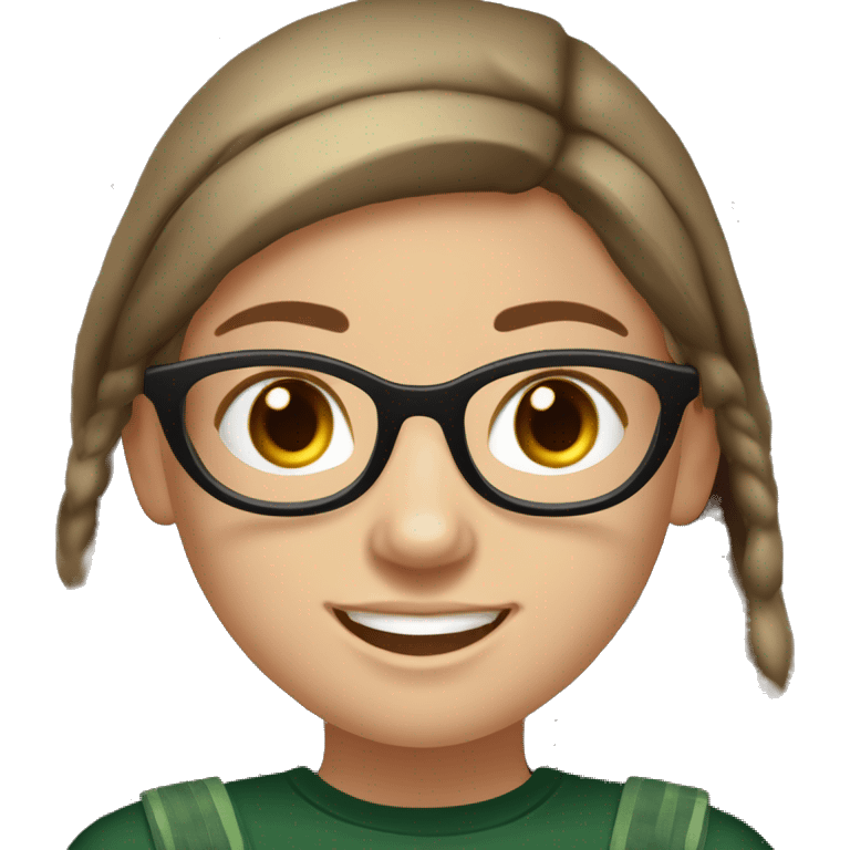 Slavic girl, light skin, smiling with teeth, round brown eyes, spotted frame glasses, long brown straight highlighted hair, black T-shirt, dark green cap, black badge ribbon emoji