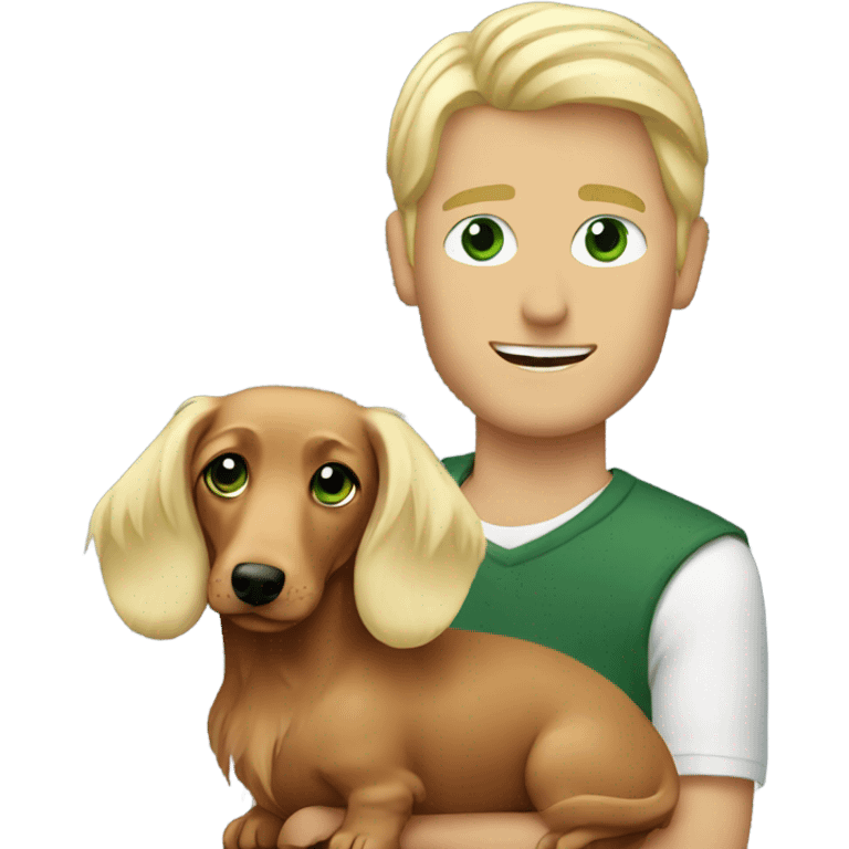 Green eyed blonde guy with long haired dachshund  emoji