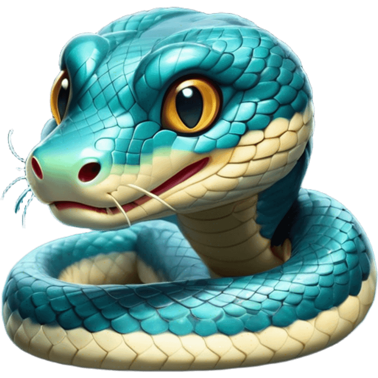 Cinematic Cute Chinese Water Snake Portrait Emoji, Head tilted playfully and inquisitively, with a compact, lithe form and a smooth, shimmering coat in subtle aquatic hues, round, sparkling eyes filled with curious fluidity, Simplified yet irresistibly adorable features, highly detailed, glowing with a warm, friendly glow, high shine, affectionate and agile, stylized with a touch of aquatic whimsy, soft glowing outline, capturing the essence of a mischievous yet loving water snake that feels like it could slither out of the screen into your arms! emoji