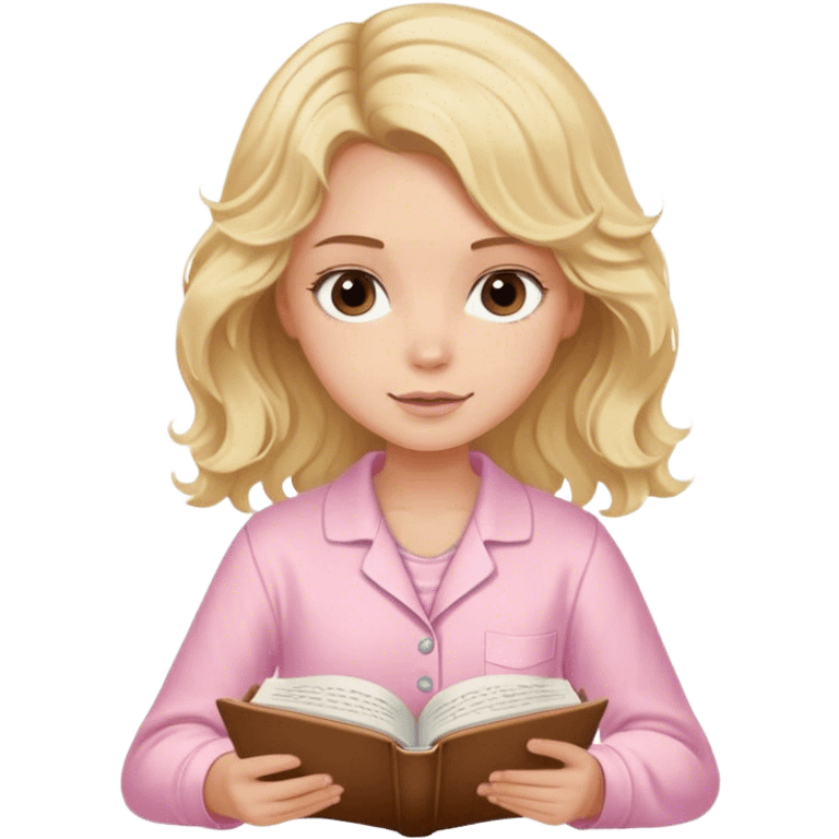 Blonde model with brown eyes, wavy hair, pastel pink pajamas, writing in journal  emoji