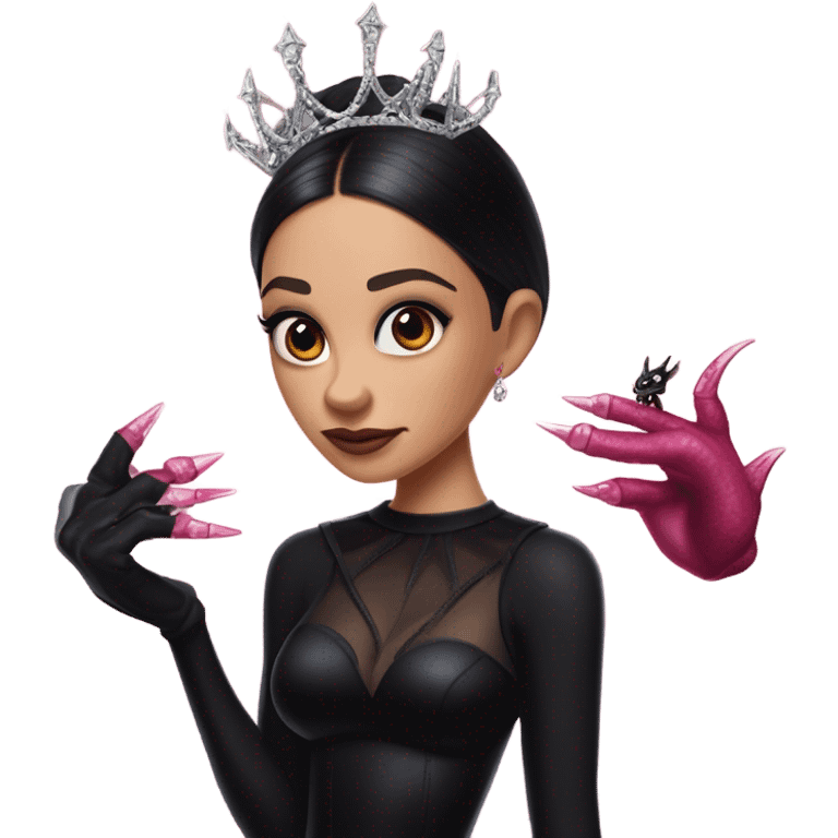 low cut back black evening gown with see-through gloves, Jenna Ortega as Addams woman prom queen wearing a mini tiara, very large blood  pink evil-looking horned old dragon companion emoji