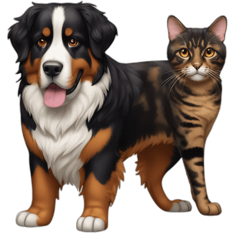 A Bernese dog next to A tortoiseshell cat without white emoji