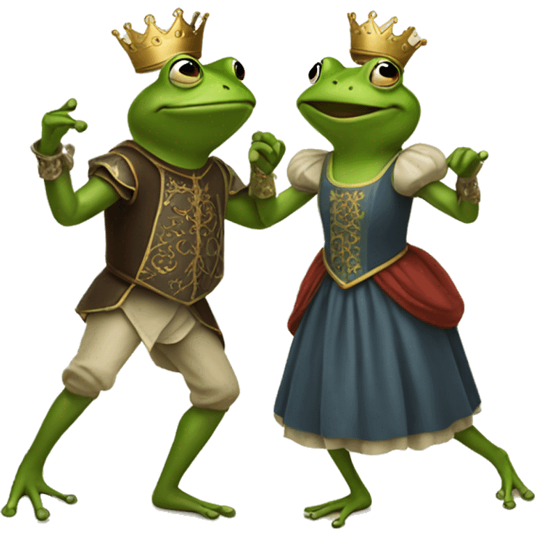 Two frogs in medieval dresses holding hands and dancing emoji