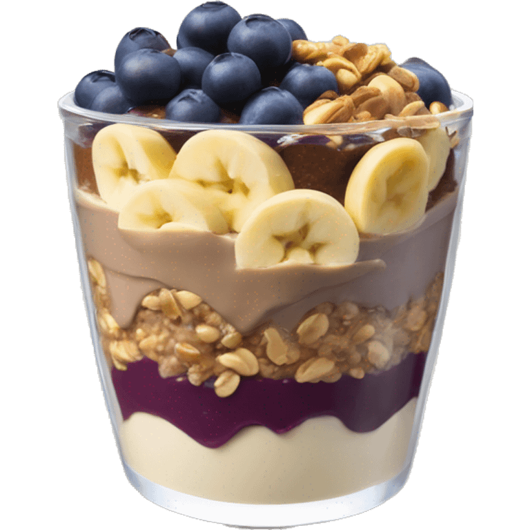 Açai bowl in a cup with layers of peanut butter, cashew nuts, granola, condensed milk, Banana and blueberrys emoji