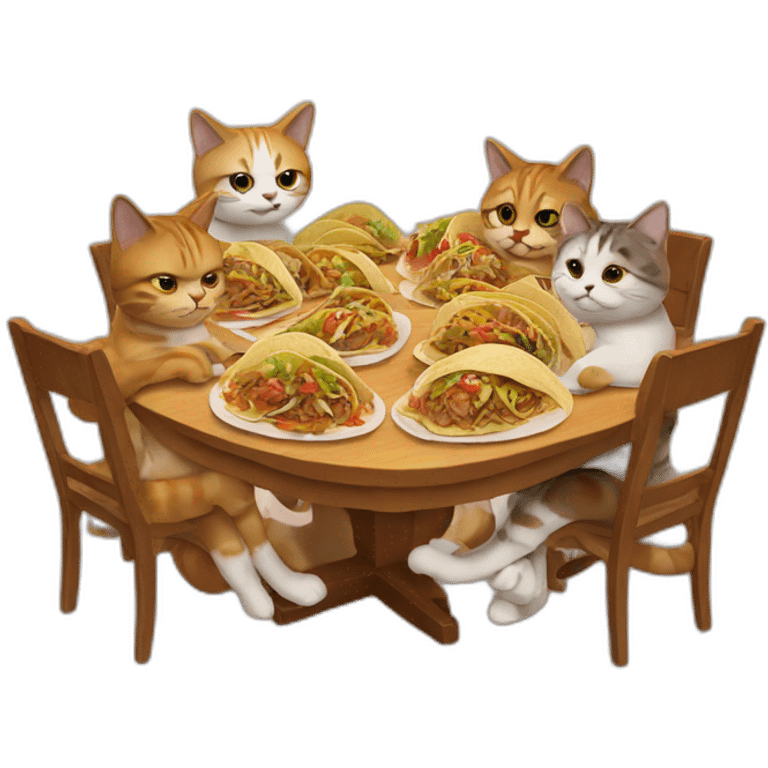 cats sitting around a table covered in tacos emoji