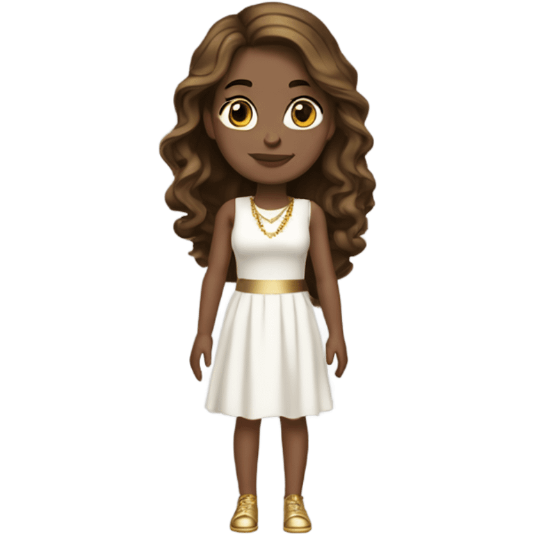 do a white girl but not too white with dark honey hair dark eyes and gold jewelry, full body legs arms and a white dress emoji