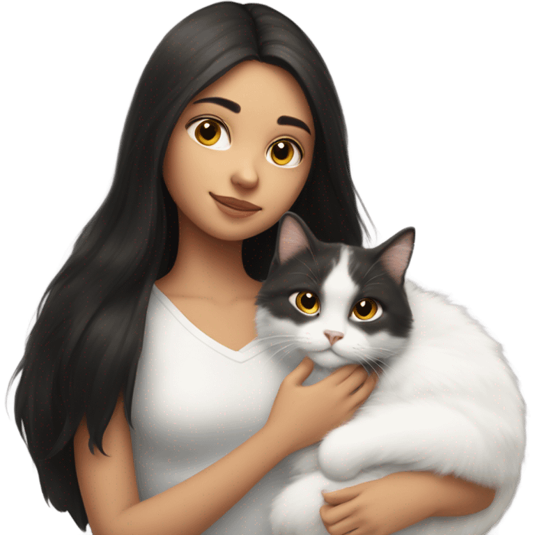 A girl with long dark hair and a white fluffy cat is lying on her left shoulder and neck emoji