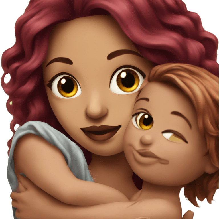 Beautiful tattooed burgundy long haired woman holding a baby emoji