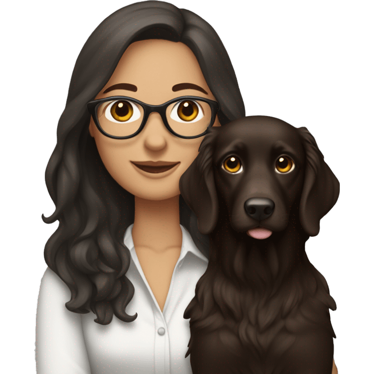 Woman with  darkbrown long hair wearing glasses holding a flat coated retriver in her arms emoji