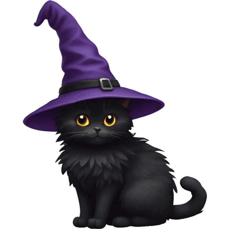 Black fluffy cat with witch hat  emoji