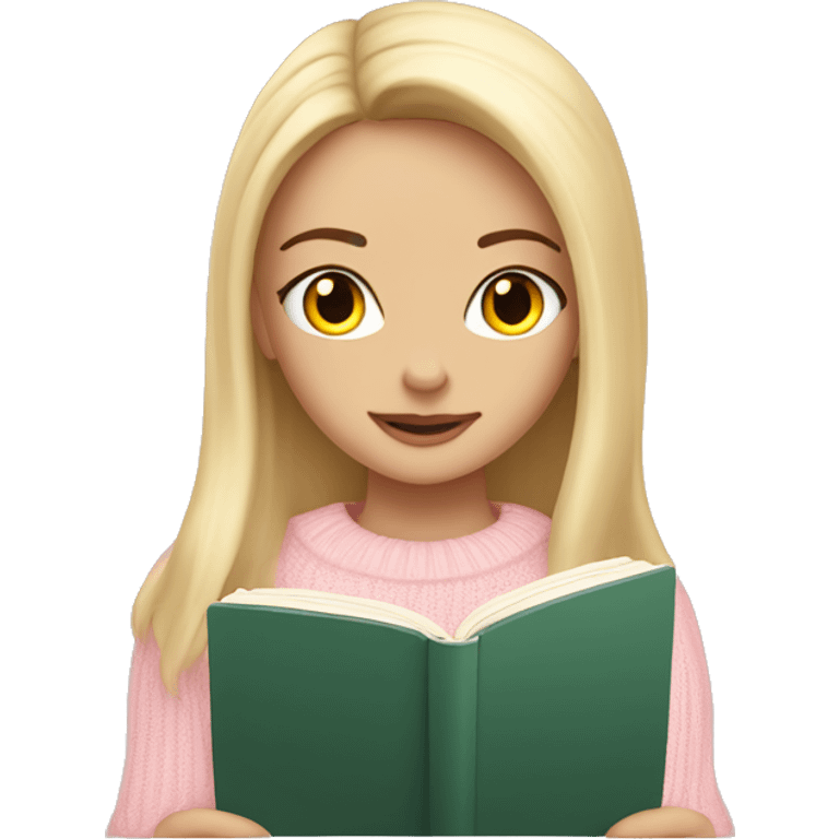 Pretty amber eyed white girl with light pink sweater reading cozy emoji