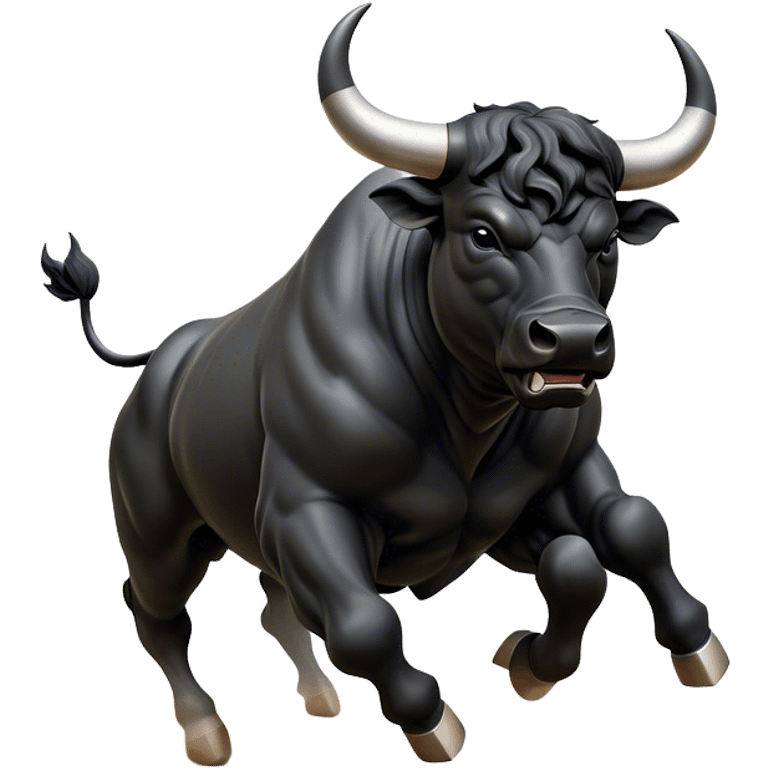 ​Cinematic Realistic Black Charging Bull, depicted in mid-charge with a powerful, muscular form and glossy black hide glistening under dynamic dramatic lighting, dust and motion captured mid-air to exude raw strength and unbridled energy on an expansive arena, emoji