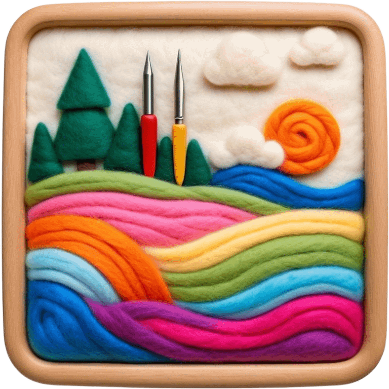 Felt art creation icon, layers of colorful felt being carefully shaped with felting needles into a large picture or decorative design, visible hand tools like felting needles, no finished artwork, just the process of felting, minimalistic style, clean lines, transparent background. emoji