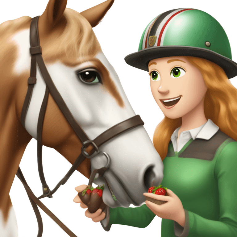 Extremely attractive and feminine white teen girl with green eyes and medium length strawberry blonde hair wearing traditional English riding helmet feeding a treat to a brown and white paint horse emoji