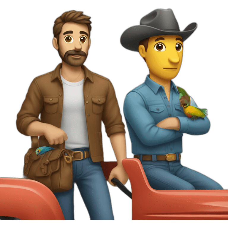 a bold man, a horse and a parakeet in a truck emoji