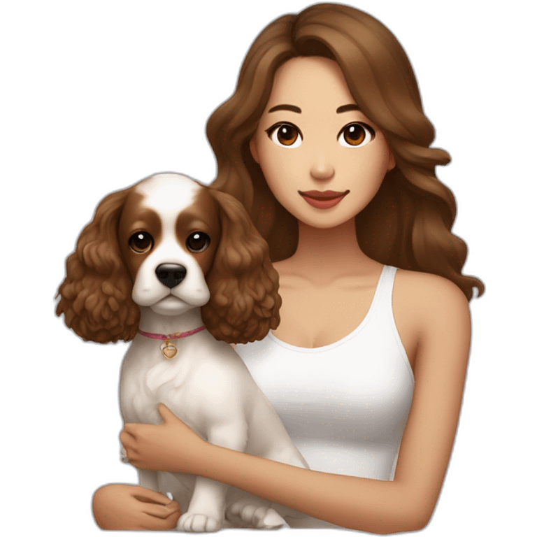 korean woman with long dark brown hair in a white singlet sits with caramel cocker spaniel emoji