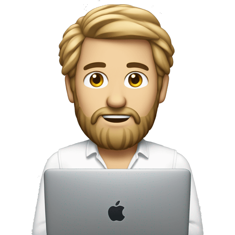 Un homme blanc avec une barbe de taille moyenne et des cheveux court qui travail sur un macbook emoji