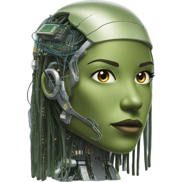 Olive green long hair female cyborg head with circuits emoji