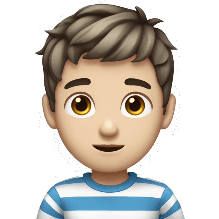 boy with blue eyes with short hair he shows a rock gesture with his hand he has a striped shirt on him plump lips neat nose skin color dark fair hair a bit short emoji