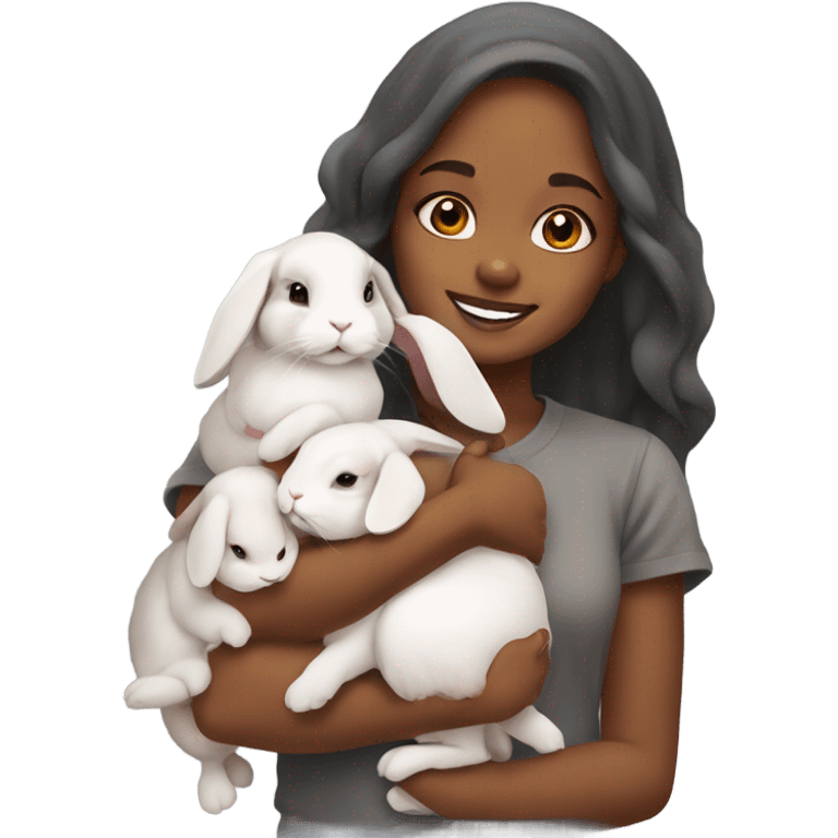 Black Muslim girl holding her 3 cute orange, gray, and mix colored holland lop bunnies emoji