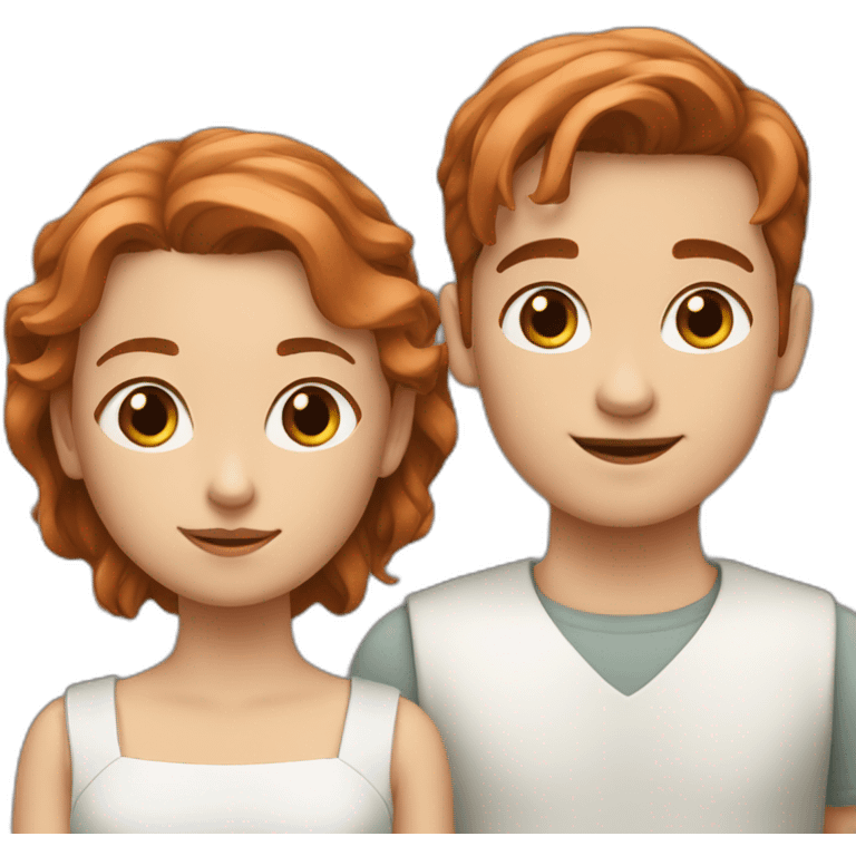 White young girl with copper-colored hair tied back with a white young boy with brown hair emoji