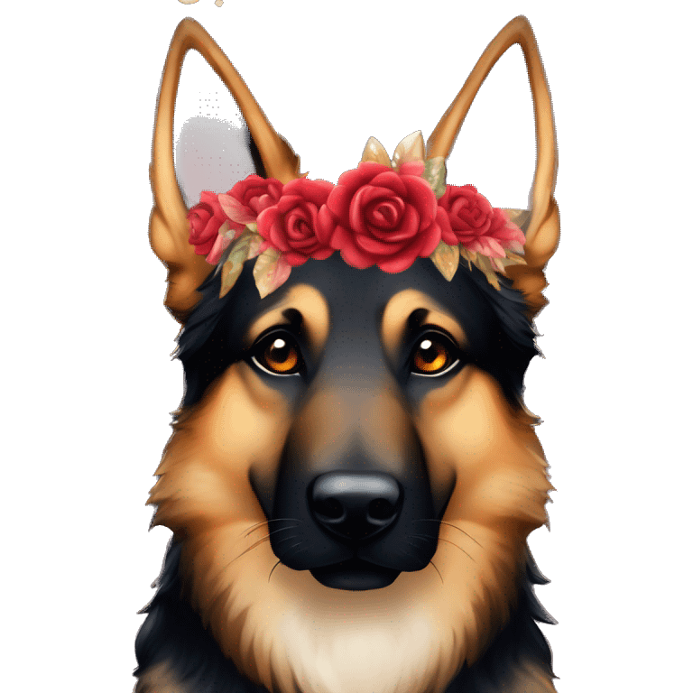 Bokeh Midnight constellation night stars Brindled striped brindle black German shepherd fox carrying glowing red lantern, fairy lights, rose flower crown, bokeh lights, out of focus blur emoji