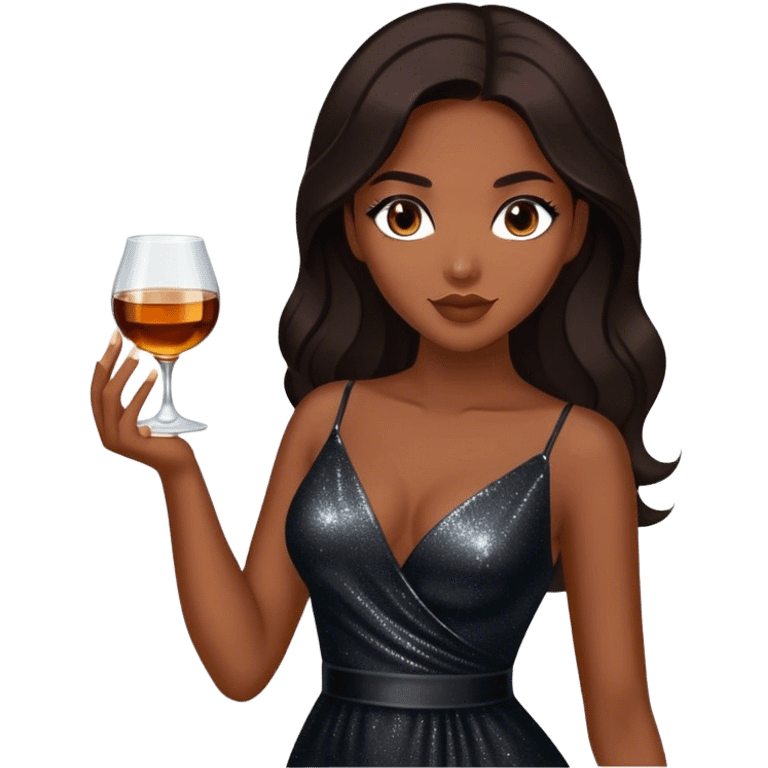 Beautiful woman in 1950’s woman fashion look, black shimmery dress, long dark brown hair, whisky with ice emoji