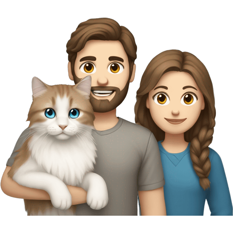 man with brown hair, a beard and blue eyes holding a white Siberian cat emoji