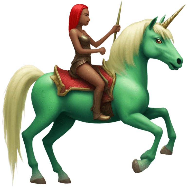 four-legged green unicorn white. a red amazon alien woman, on a unicorn emoji