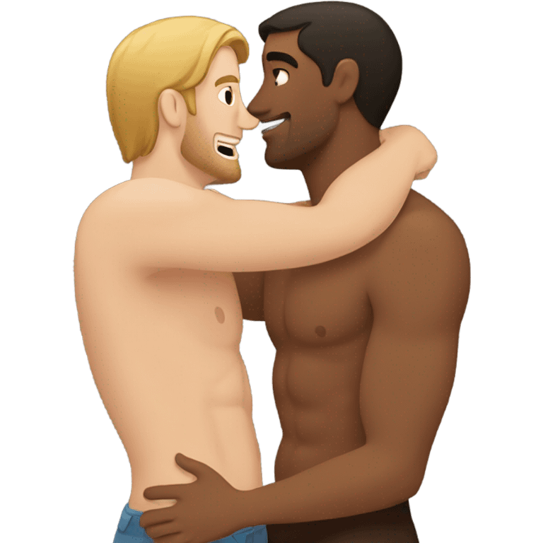 shirtless brown man hugging shirtless white man with brown hair emoji