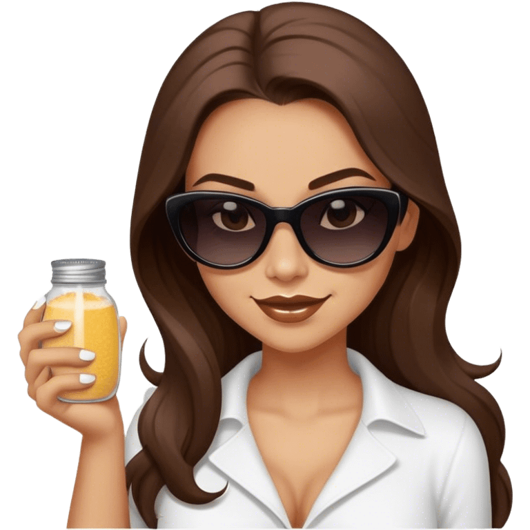 sassy woman with long brown hair and dark sunglasses holding a salt shaker and sprinkling the salt. She is smirking.  emoji