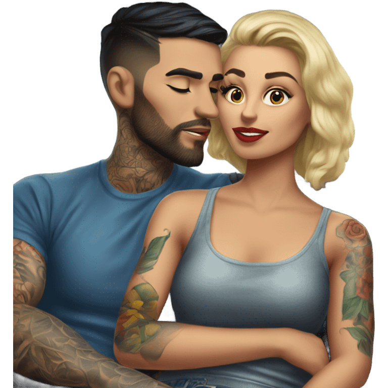 Hyper Realistic gorgeous woman and handsome tattooed man kissing in the front seat of a car emoji