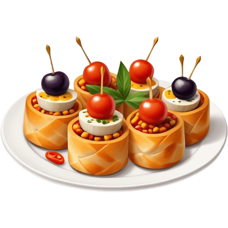 Tapas (4 Pintxos) Cinematic Realistic Tapas Dish Emoji, depicted as an assortment of 4 pintxos elegantly arranged on a plate, rendered with lifelike textures and vibrant, inviting lighting. emoji