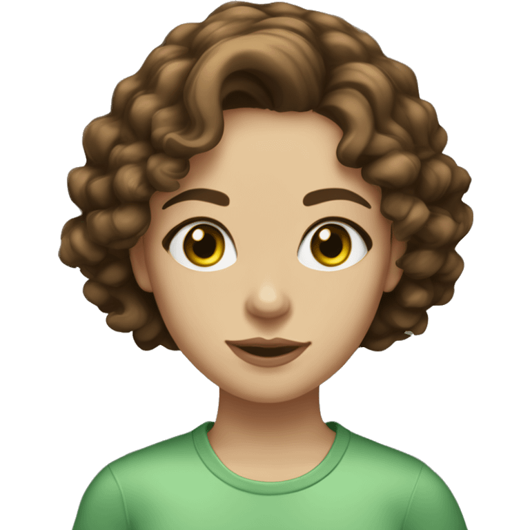 girl green eyes, medium-length brown hair, slightly curly, not thick eyebrows, medium lips with corners, round-oval face shape, small nose emoji