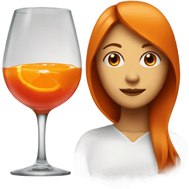 A glass with a red/orange liquid and an orange slice and too women behind it with a slightly buzzy face emoji