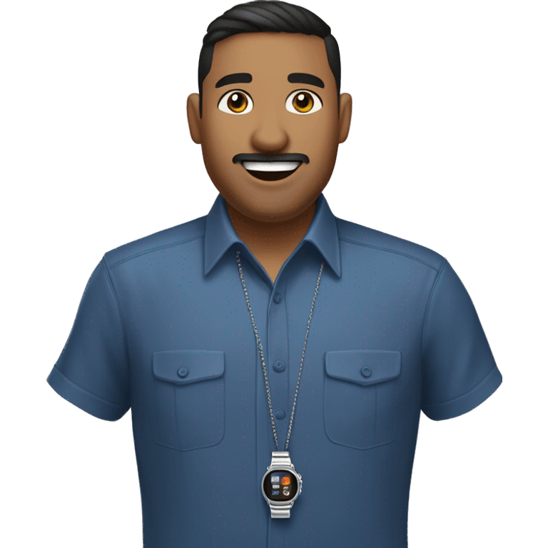 navajo  emoji of a man with short dark hair, clean-shaven, goatee and mustache.  wearing a formal button-up DARK blue shirt,  smiling  with a smartwatch on his wrist. and small silver chain necklace  resemble professional attire. smaller eyes  emoji