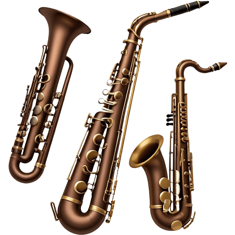 Create a refined and artistic emoji that represents wind instruments. The design should feature a collection of unique wind instruments, such as a bassoon, oboe, or French horn, arranged elegantly. Add elements like musical notes to symbolize the harmony and beauty of these instruments. Use colors like bronze, silver, and dark wood tones to reflect the classic nature of the instruments. The background should be transparent. emoji