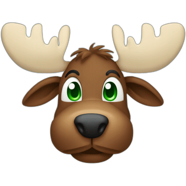 reate my future mascot, a moose who seems friendly, and trustworthy He must be brown with big round green eyes. emoji